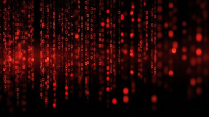 Digital information streams cascade downward in vivid red illumination against a dark background