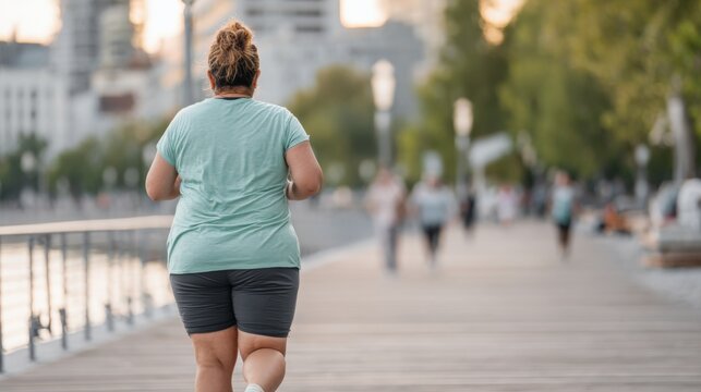 Latina jogger with a mint-green shirt runs on a riverside walkway, surrounded by an urban calm atmosphere during sunset - Powered by Adobe