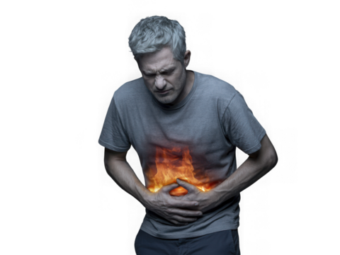 Man with heartburn isolated on transparent background