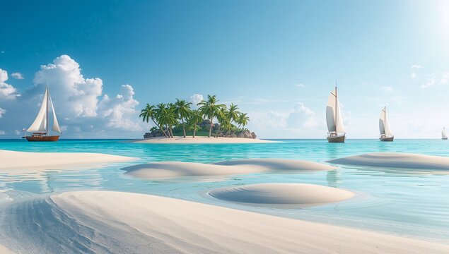 Tranquil Tropical Island Scene with Boats and Clear Blue Water - Powered by Adobe