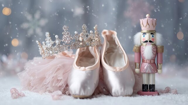 Pointe shoes, a jeweled tiara, and a pastel nutcracker create a magical winter vibe with floating snowy particles