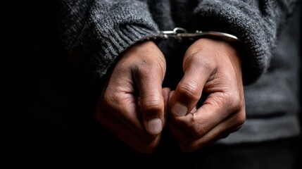 Obraz premium Close-up of handcuffed hands in textured gray clothing, captured in dramatic lighting, symbolizing themes of incarceration and confinement