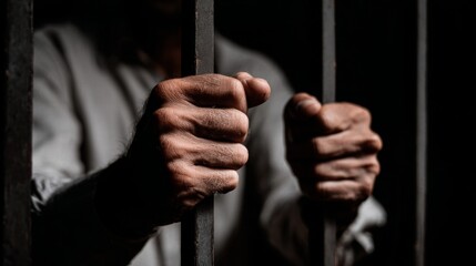 Shadowy figure gripping heavy prison bars in cinematic low light, warm tones highlighting hands, evoking themes of incarceration and confinement