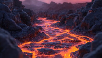 Glowing Lava Flow with Dark Rocky Terrain at Dusk