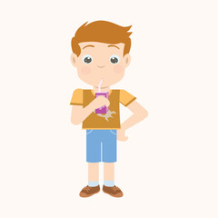Cartoon boy drinking juice or milk from a box using a straw. Refreshment and break time concept
