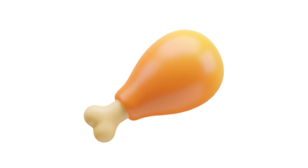 Floating 3D rendered cartoon icon of a glossy, golden-brown fried chicken drumstick or leg, representing fast food, eating, or meat consumption