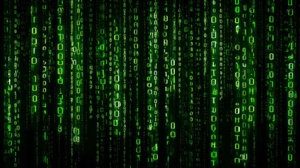 Glowing green digital characters cascade vertically against a dark background representing flowing information.