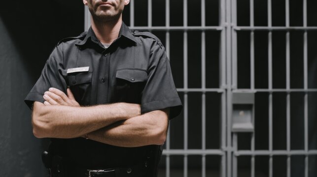 Uniformed officer stands confidently in front of reinforced cell bars, arms crossed, embodying authority and the essence of incarceration