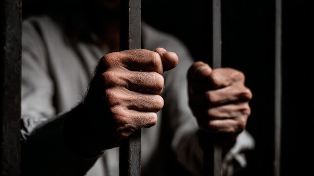 Shadowy figure gripping heavy prison bars in cinematic low light, warm tones highlighting hands, evoking themes of incarceration and confinement