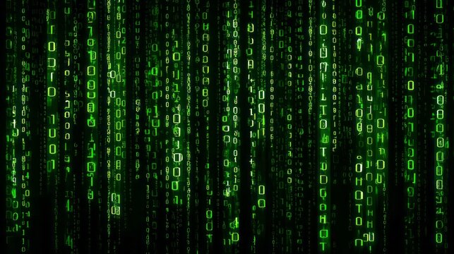 Glowing green digital characters cascade vertically against a dark background representing flowing information. - Powered by Adobe