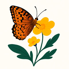 Minimalist and vibrant vector collection of different butterfly species sitting on spring and summer flowers. Flat design for digital projects, greeting cards, and nature-themed graphics.