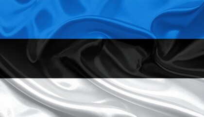 Estonian flag with horizontal stripes of blue, black, and white, slightly wrinkled fabric texture.