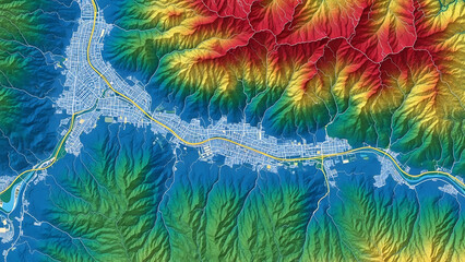 Digital elevation model of an urban area nestled in a deep valley, with vibrant color-coded topography illustrating the surrounding mountains