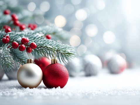 Christmas background with Christmas tree and red holly berries. Red and silver Christmas balls lie in snow next to fir branch against snowfall background with bokeh. New Year design with copy space - Powered by Adobe