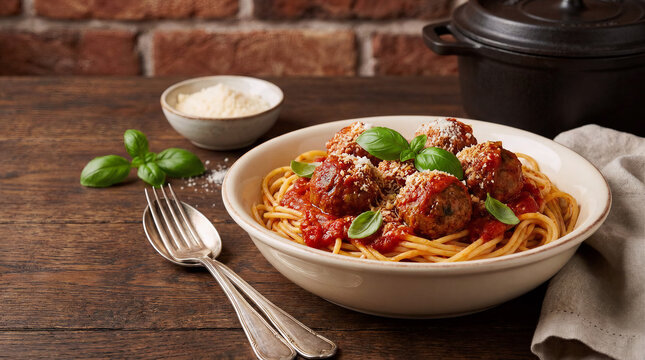 Homemade spaghetti pasta with meatballs in tomato sauce garnished with fresh basil and parmesan cheese on rustic wooden table