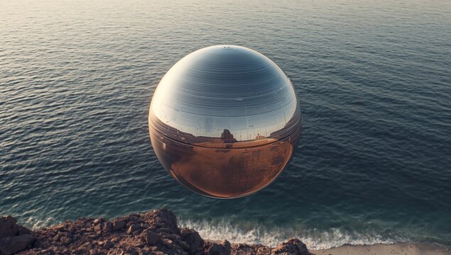 Floating metallic sphere above calm ocean water at sunrise - Powered by Adobe