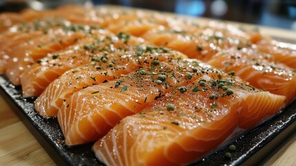 Salmon Sashimi on a black plate, close-up.