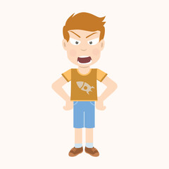 Vector illustration of a mad or angry cartoon boy with hands on his hips and a frowning expression. Tantrum or disagreement concept