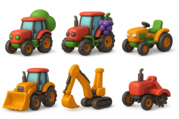 Colorful cartoon tractor and construction vehicle icons for design and decoration
