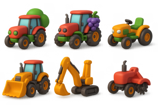 Colorful cartoon tractor and construction vehicle icons for design and decoration