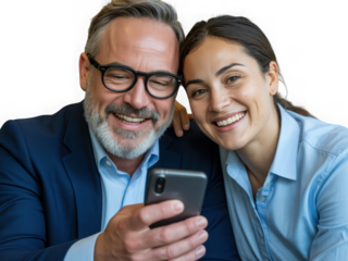 Colleagues are looking at a mobile phone isolated on transparent background