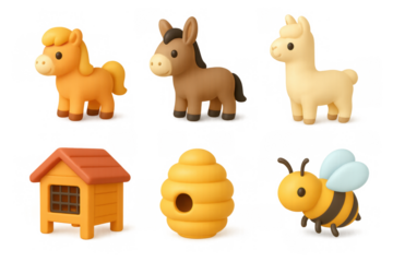 Cute cartoon animal and object icons featuring horse, pony, llama, beehive, bee, and doghouse for fun designs