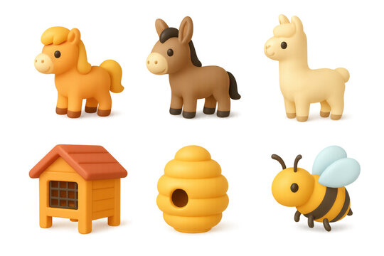Cute cartoon animal and object icons featuring horse, pony, llama, beehive, bee, and doghouse for fun designs