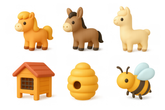 Cute cartoon animal and object icons featuring horse, pony, llama, beehive, bee, and doghouse for fun designs