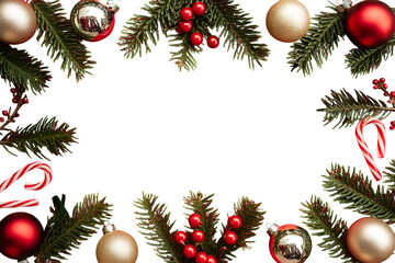Festive Christmas Frame Adorned with Elegant Ornaments, Lush Green Branches, and Sparkling Red Berries for a Joyful Celebration