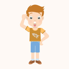 Vector illustration of a cartoon boy looking surprised or shocked, holding his head with one hand. He wears an orange shirt with a rocket icon