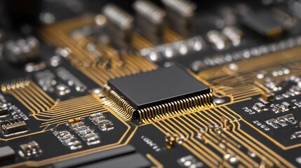 Macro View of a Complex Electronic Circuit Board with Golden Connections, Showcasing Modern Technology and High-Precision Engineering with Sharp Focus and Detailed Textures