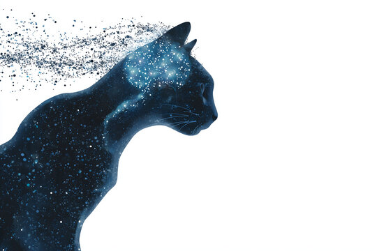 A cat's silhouette made of tiny glowing data particles merging into an AI brain symbol, minimalistic composition, white background, elegant, symbolic.