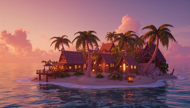 Serene Tropical Island Oasis with Charming Cottages and Palm Trees - Powered by Adobe