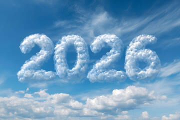 A cloud with the word '2026' written on it in the blue sky