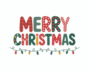 Merry christmas text with festive holiday lights and plaid patterns