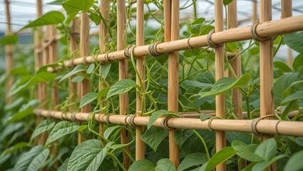 Green bean plants growing up a bamboo trellis in a garden