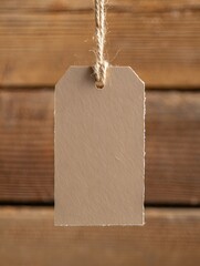 Blank kraft paper tag hanging on a rustic wooden background