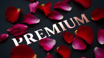 Premium word surrounded by scattered red and pink rose petals on dark background
