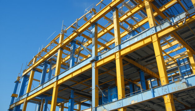 Steel framework of a building under construction against a clear blue sky.