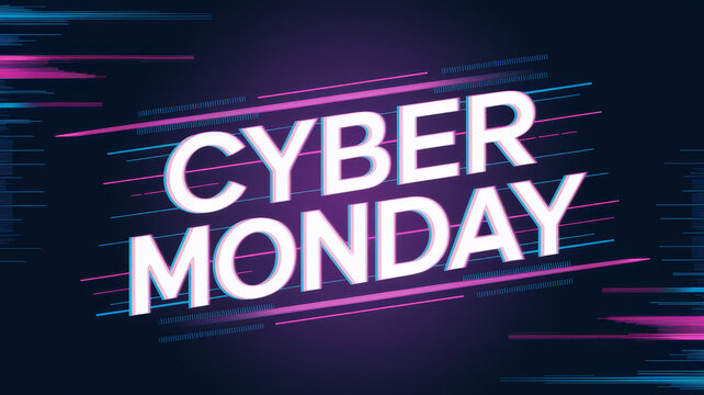 Bold glowing text announcing Cyber Monday against a dark abstract background with streaks of neon light.