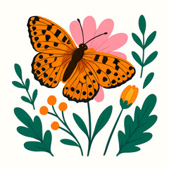 Minimalist and vibrant vector collection of different butterfly species sitting on spring and summer flowers. Flat design for digital projects, greeting cards, and nature-themed graphics.