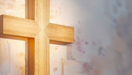 Wooden Cross Against Soft Background with Gentle Light Reflection