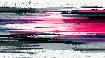 Horizontal digital glitch effect displays streaks of bright magenta and deep gray across a textured white background