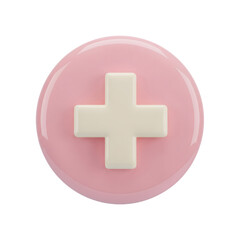 Obraz premium Soft, glossy 3D icon of a cream-colored plus sign or medical cross centered on a smooth, rounded pink button symbolizing addition or healthcare