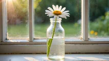Single daisy in a clear glass bottle on a windowsill with soft light