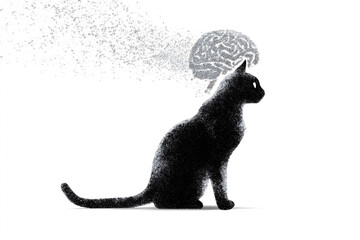 A cat's silhouette made of tiny glowing data particles merging into an AI brain symbol, minimalistic composition, white background, elegant, symbolic.