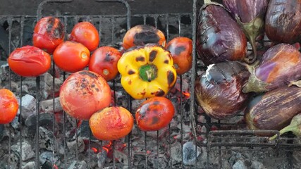 Grilling vegetables barbecue, tomatoes peppers eggplants cooking on hot coals - Powered by Adobe