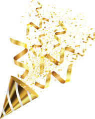 Golden confetti and party poppers isolated on a white background