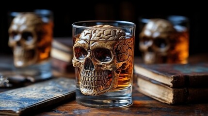 A skull-shaped glass filled with amber liquid is presented on a wooden surface, creating an intriguing still life composition. Сoncept about how alcohol kills the brain.