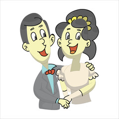 Cartoon illustration of a bride and groom hugging and smiling happily. Newlywed couple concept